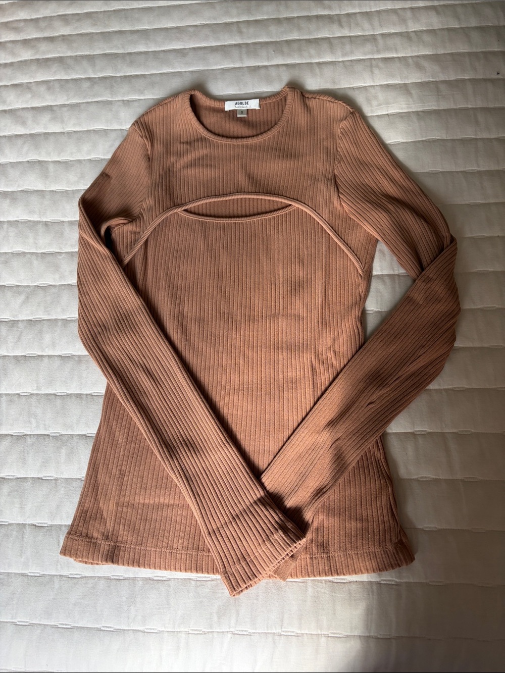 Agolde Ribbed Long-Sleeve Top in Rust Brown with Cutout